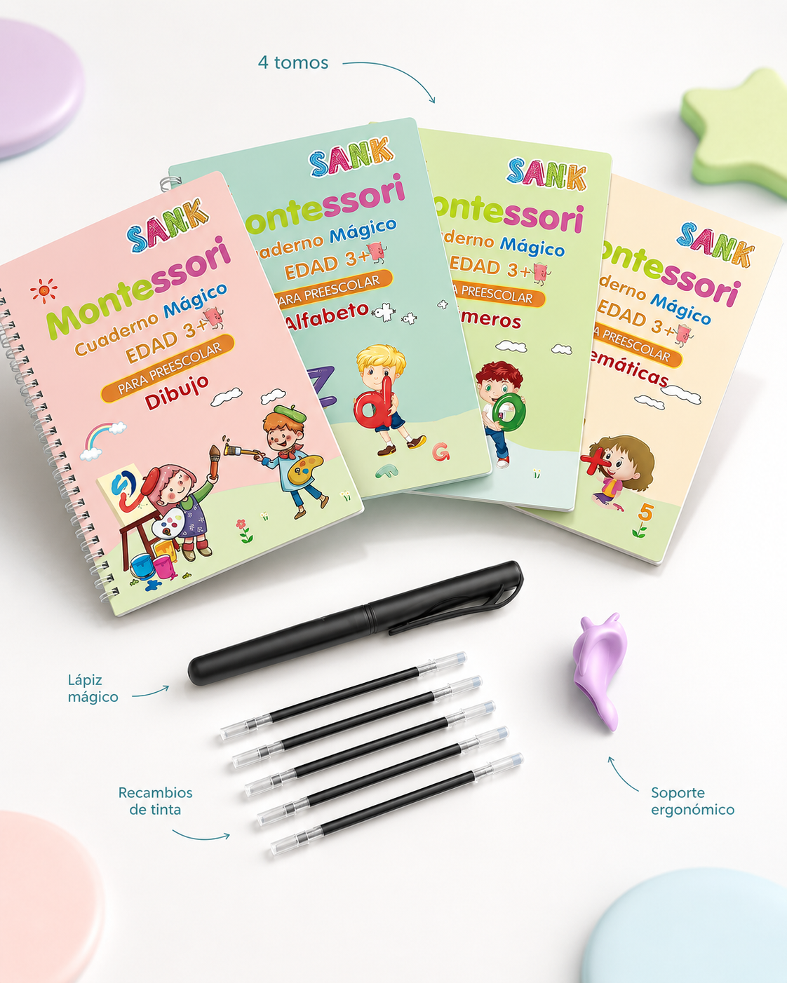 Cuaderno Mágico Reutilizable para Niños (Set de 4 Libros + Lápiz Mágico)