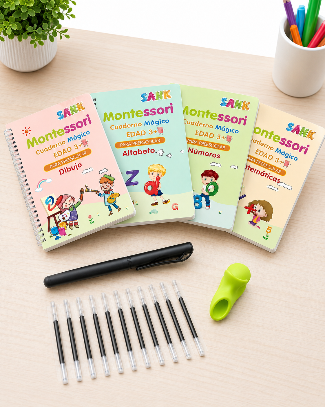 Cuaderno Mágico Reutilizable para Niños (Set de 4 Libros + Lápiz Mágico)